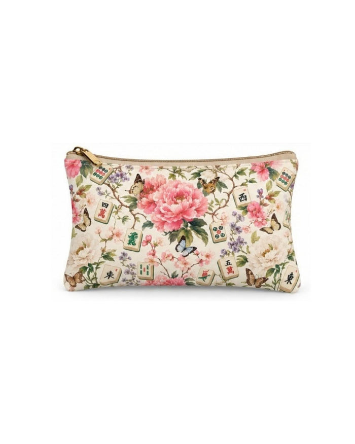 Floral vegan leather zipper pouch with gold zipper, angled view