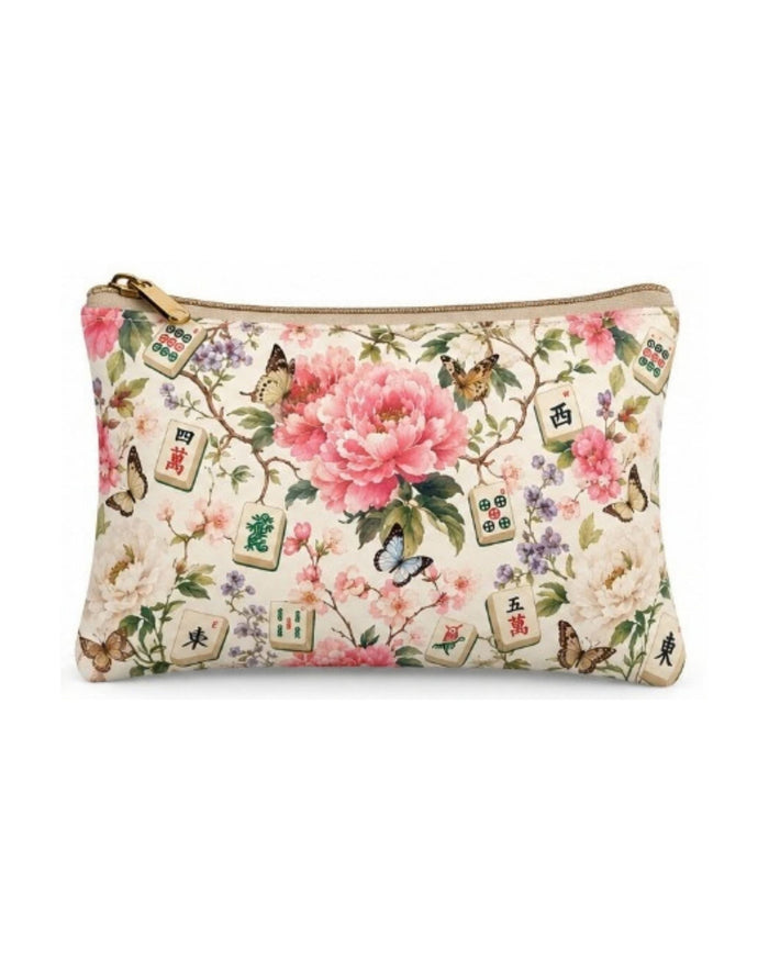 Floral vegan leather zipper pouch with gold zipper pull, centered front