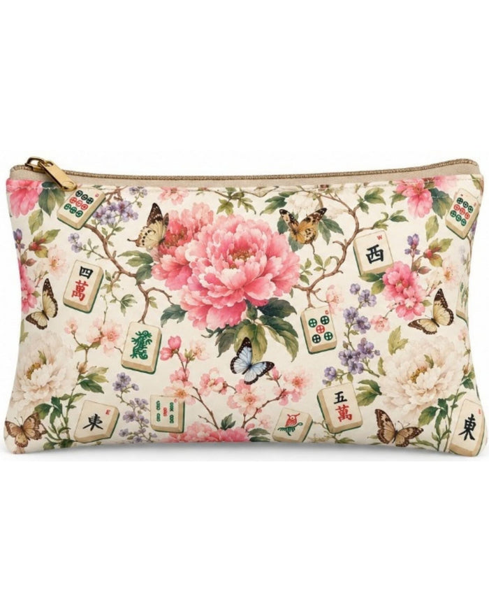 Floral vegan leather zipper pouch with gold zipper pull, close-up front view