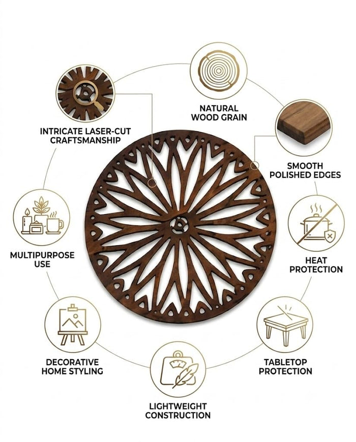 Round dark brown wooden trivet with radial laser-cut daisy design and central flower medallion