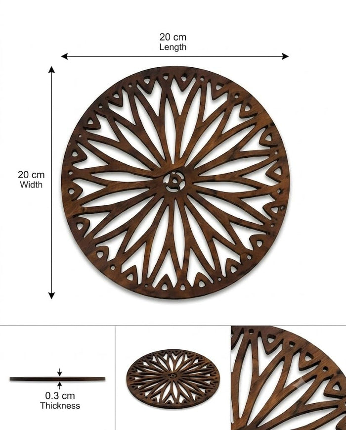 Round dark brown wooden trivet, 20 cm diameter, 0.3 cm thick, radial cutout pattern