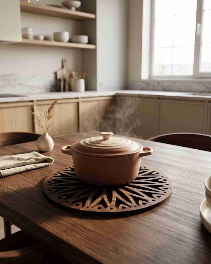 Dark brown round wooden trivet with radial cutouts placed under a lidded pot on table