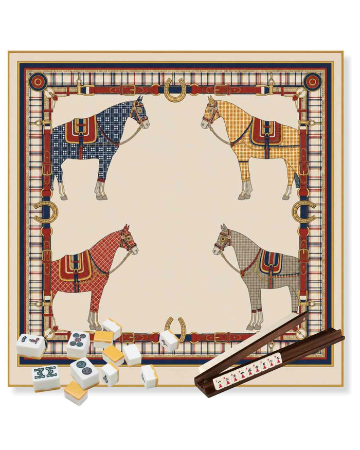 Square mahjong table game mat with ornate border and horse-themed illustration