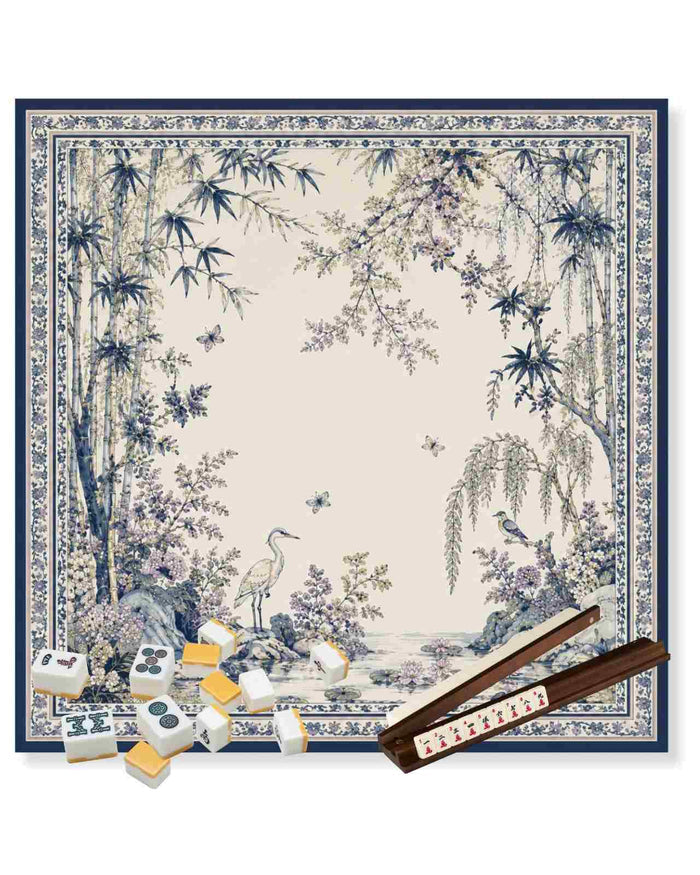 33x33 mahjong table game mat with blue-and-cream oriental tree and crane scene