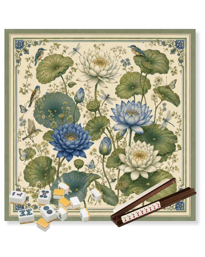 Floral lotus and bird table game mat, large 33 x 33 inch square