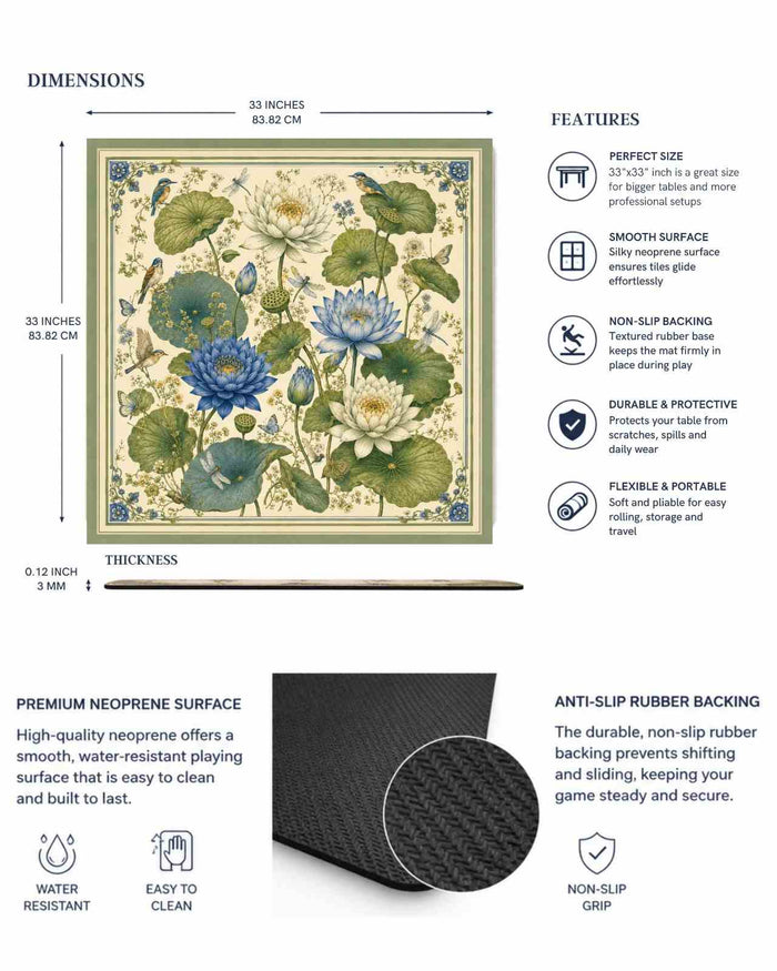 33 x 33 inch floral table game mat with textured non-slip rubber backing