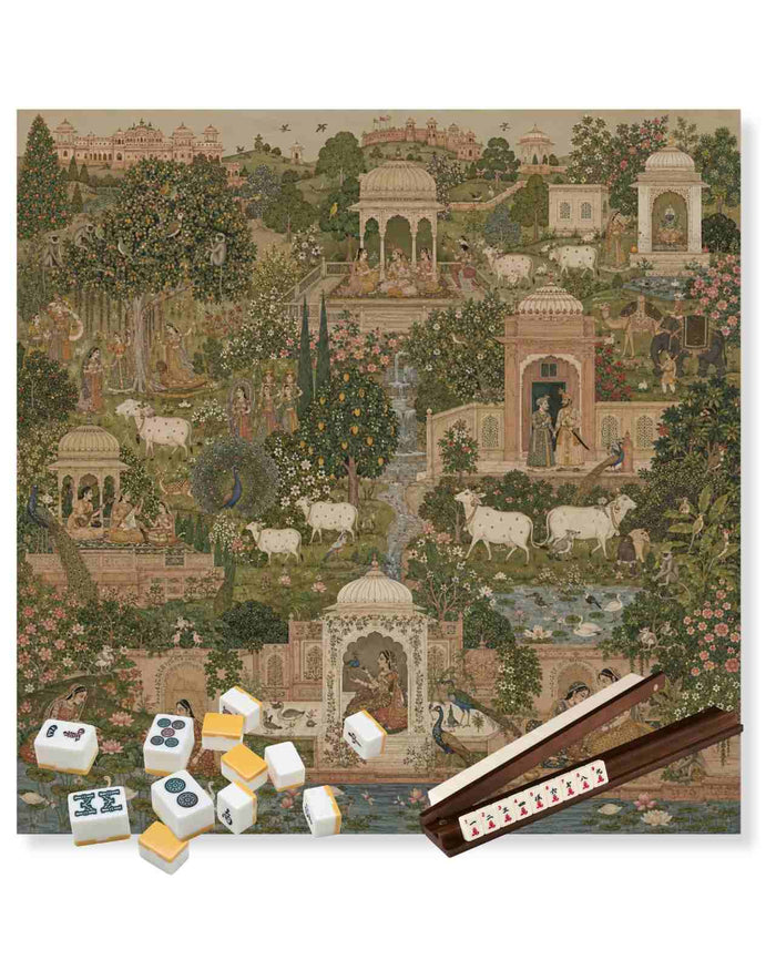 Square tabletop game mat with detailed garden artwork, with matching tile pieces