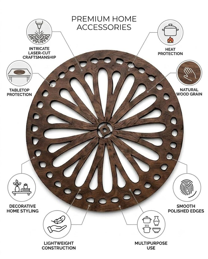 Dark brown round wooden trivet with circular sunflower cutout pattern, perforated design