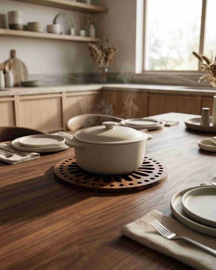 Set of round wooden trivets with sunflower cutouts under serving bowls on dining table