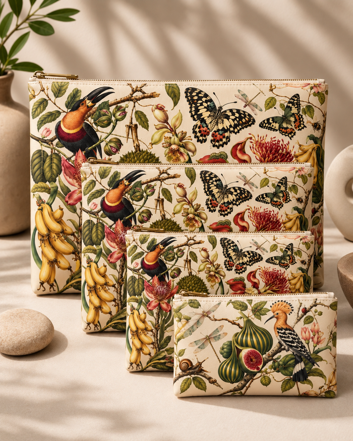 Tropical print vegan leather zipper pouch set, three sizes, with matching organizer pouch