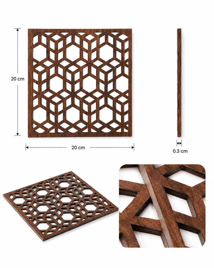 Square dark brown wooden trivet with lattice cube geometric cutout design