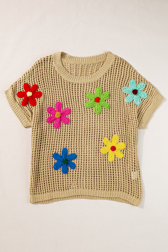 Pull ajouré à fleurs au crochet beige *
