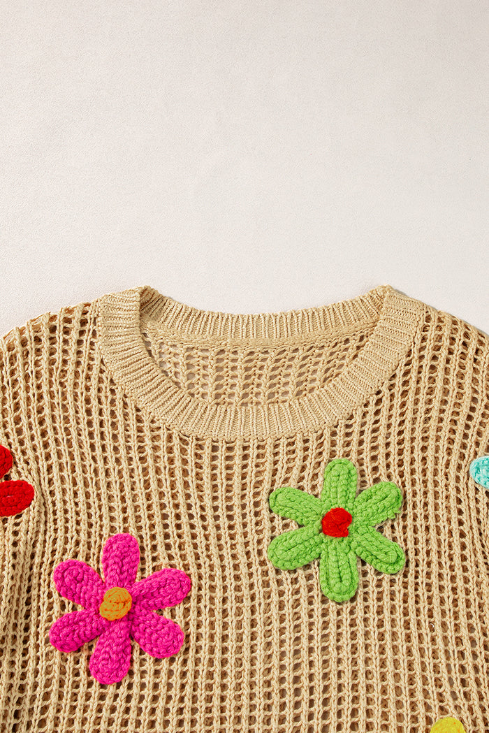 Pull ajouré à fleurs au crochet beige *