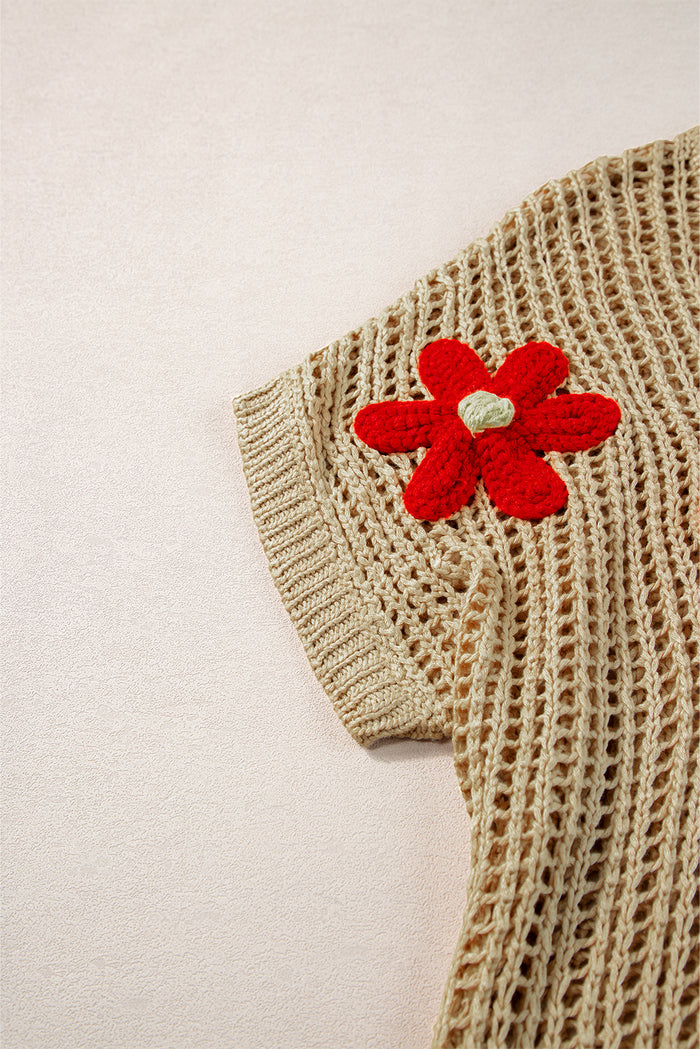 Pull ajouré à fleurs au crochet beige *