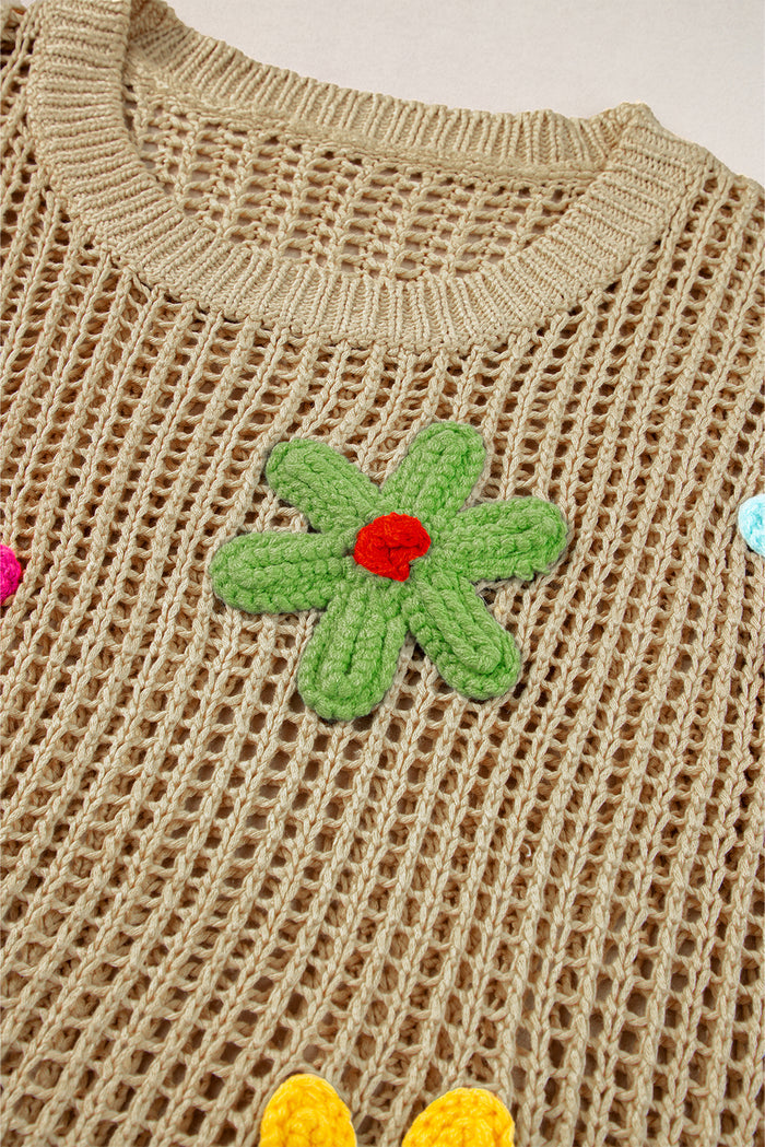 Pull ajouré à fleurs au crochet beige *