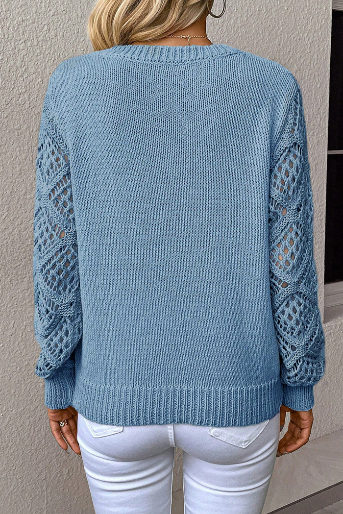 Pull patchwork à manches en tricot pointelle à col en V uni bleu
