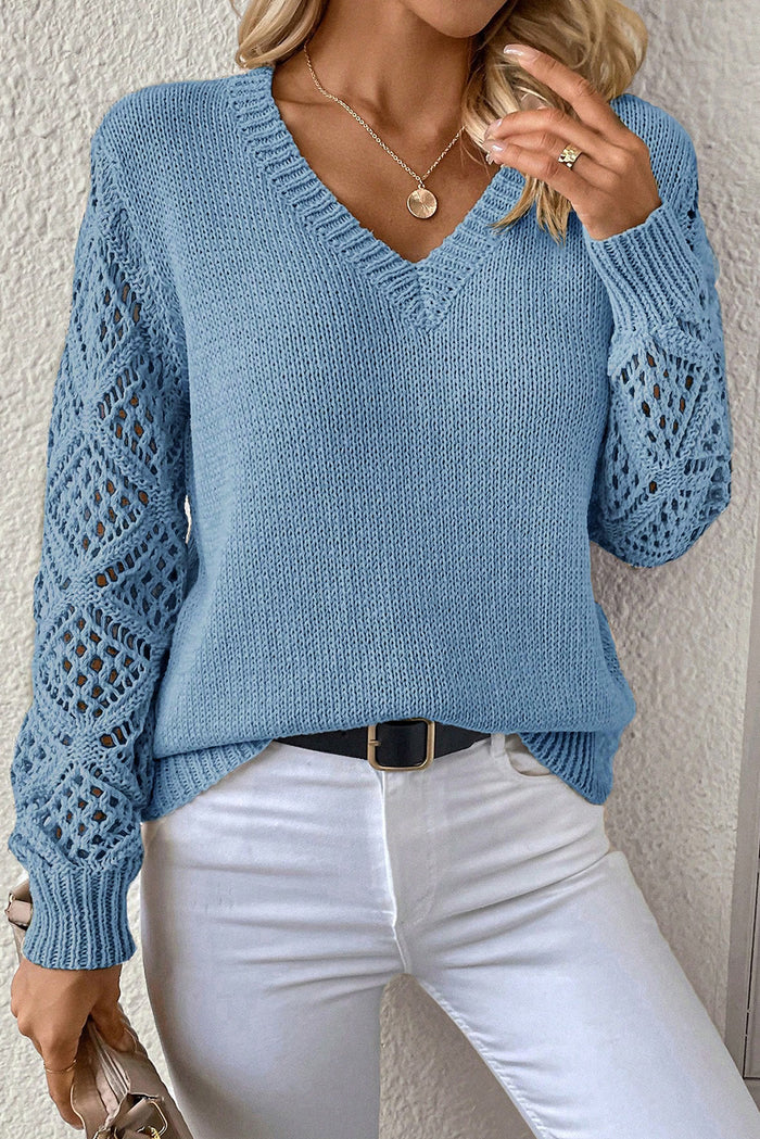 Pull patchwork à manches en tricot pointelle à col en V uni bleu