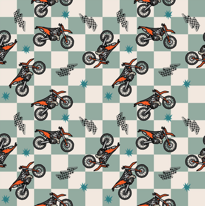 Pattern of dirt bikes on a checkered background