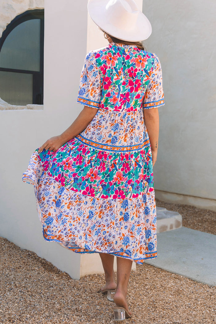 Robe à manches courtes et col fendu à imprimé floral mixte bleu ciel