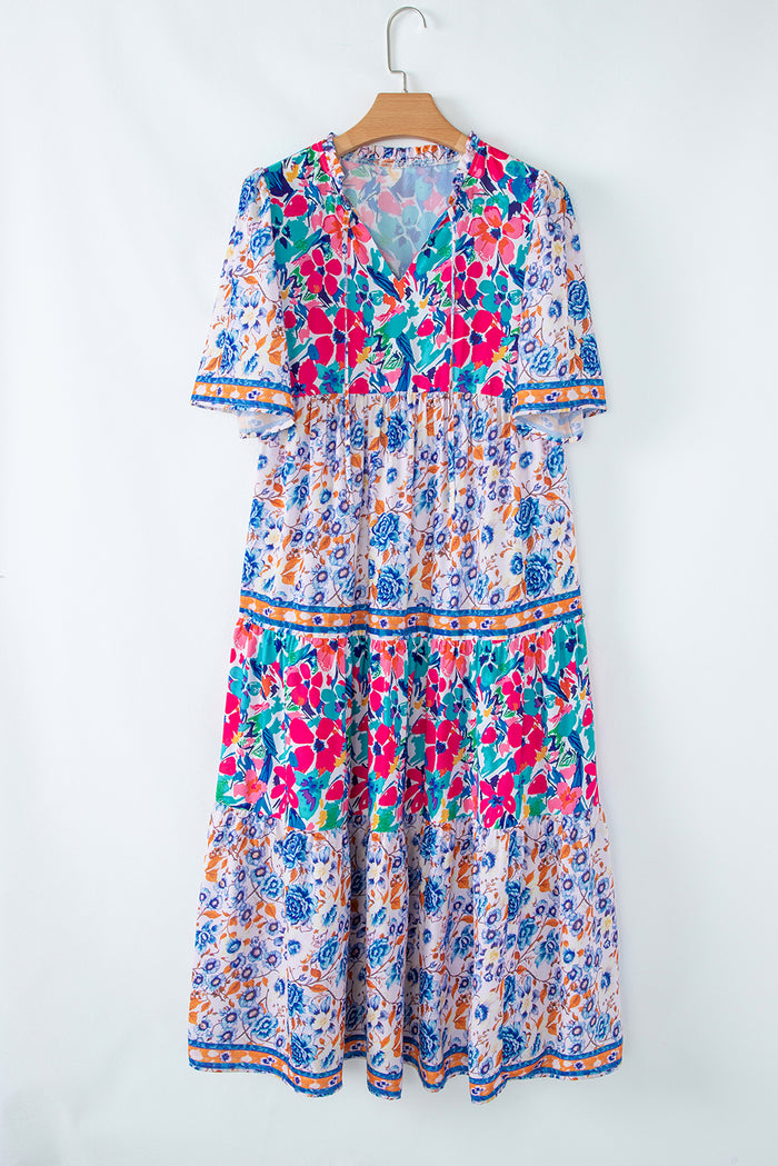 Robe à manches courtes et col fendu à imprimé floral mixte bleu ciel