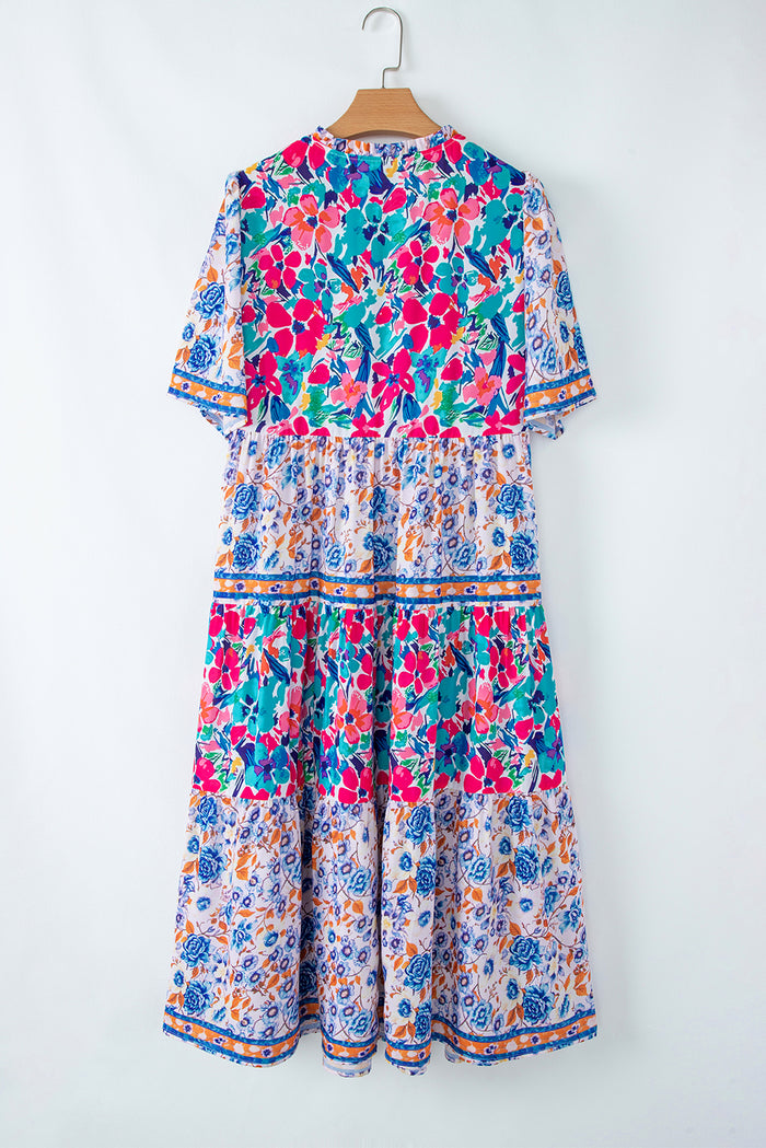 Robe à manches courtes et col fendu à imprimé floral mixte bleu ciel