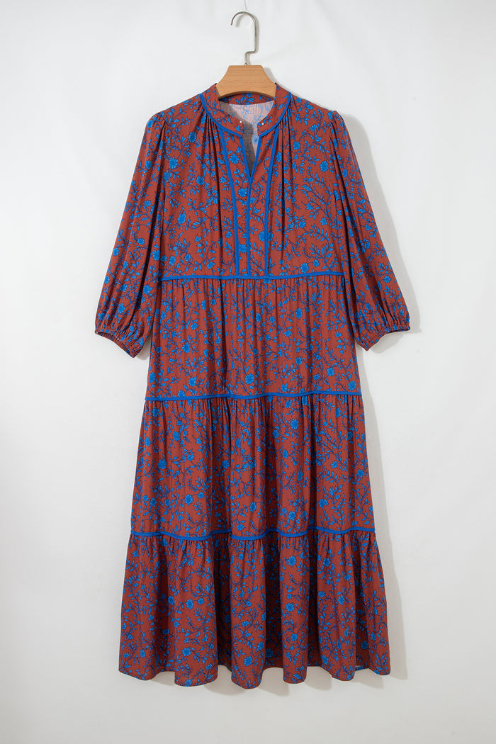 Robe ample à fleurs marron à manches 3/4 bouffantes