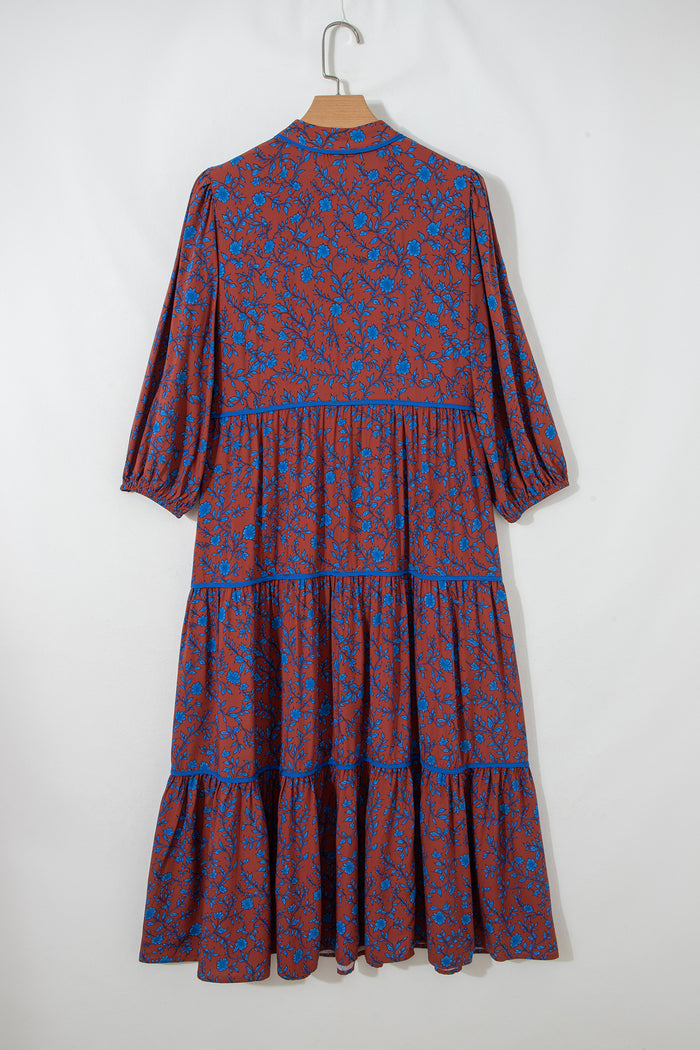 Robe ample à fleurs marron à manches 3/4 bouffantes