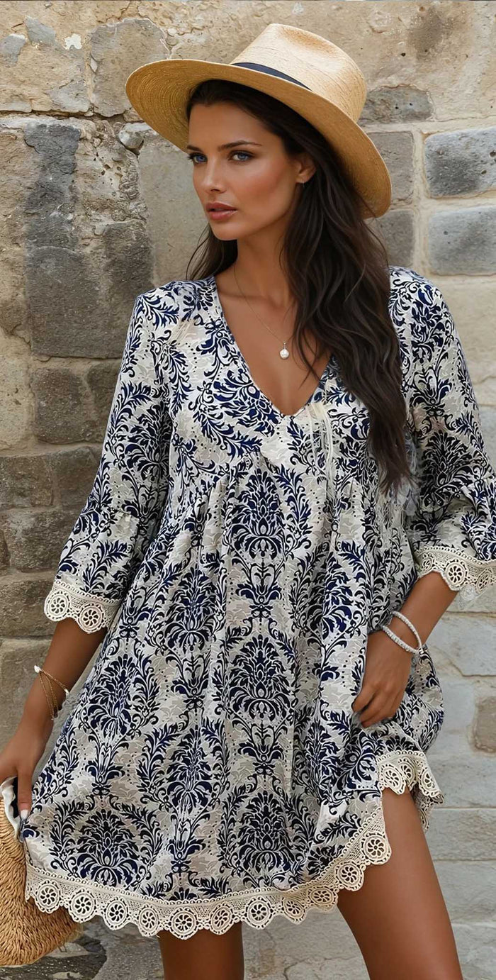 Robe ample bleu ciel à manches 3/4 et col en V *