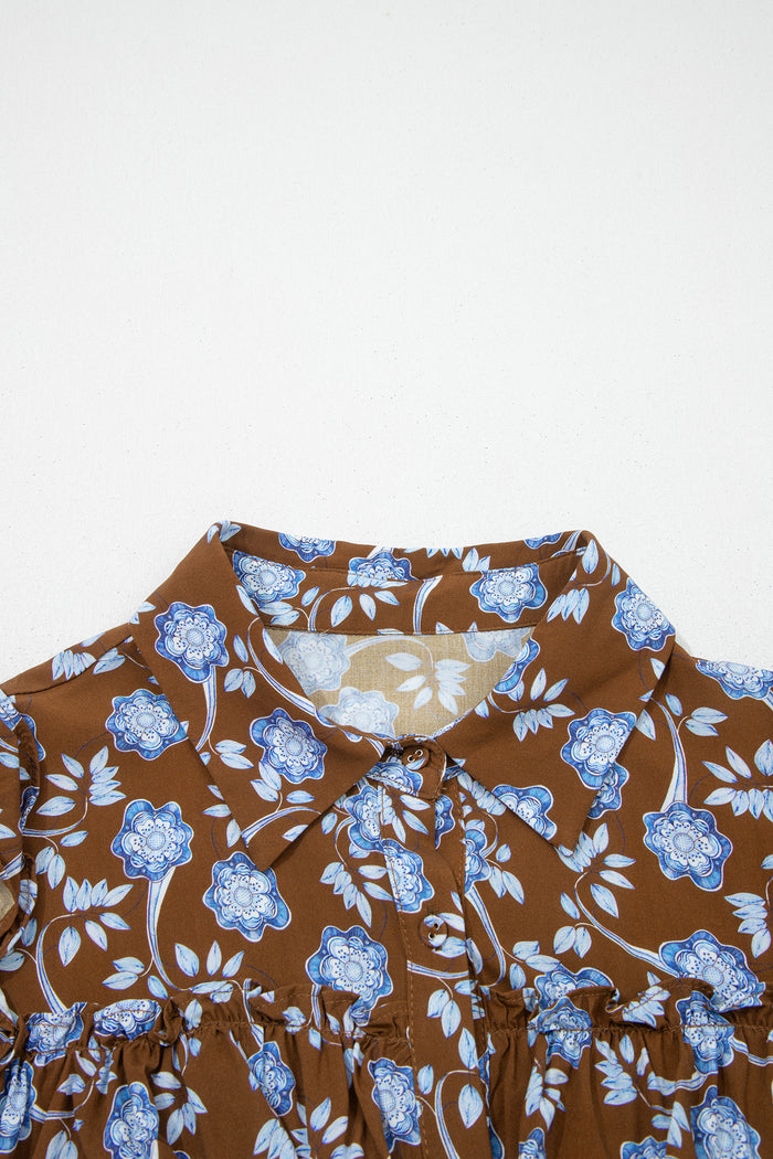 Robe chemise à imprimé floral marron