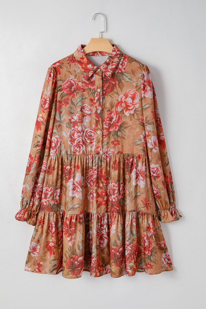 Robe courte à volants et manches longues à imprimé floral vintage marron