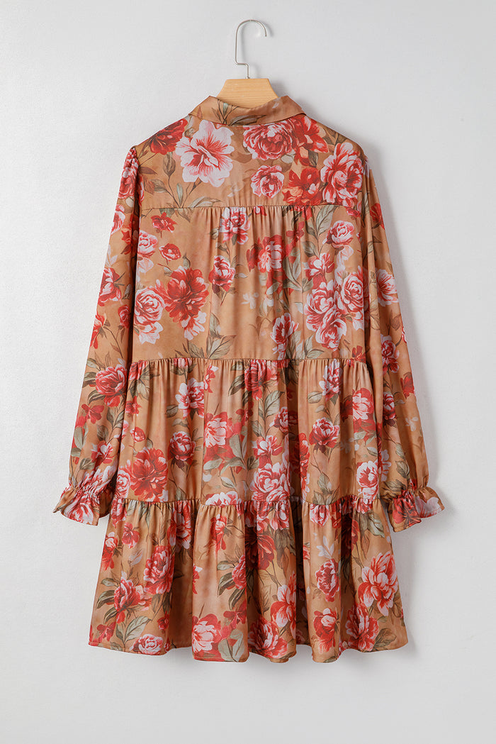 Robe courte à volants et manches longues à imprimé floral vintage marron