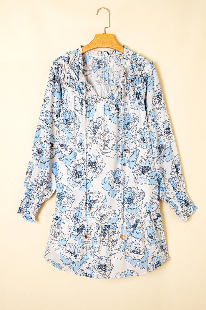 Robe courte fluide à manches longues et col noué