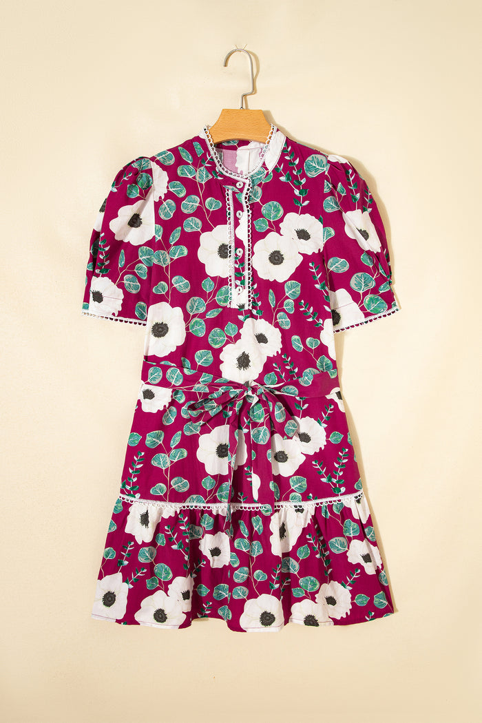 Robe courte mini à manches bouffantes et imprimé floral rouge