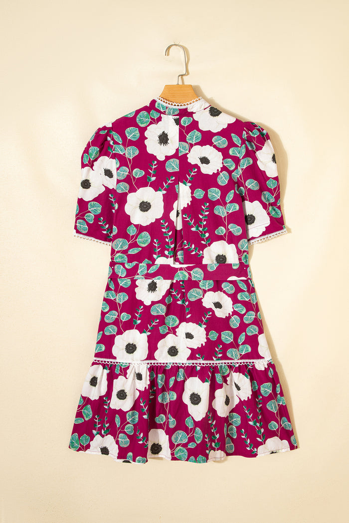 Robe courte mini à manches bouffantes et imprimé floral rouge