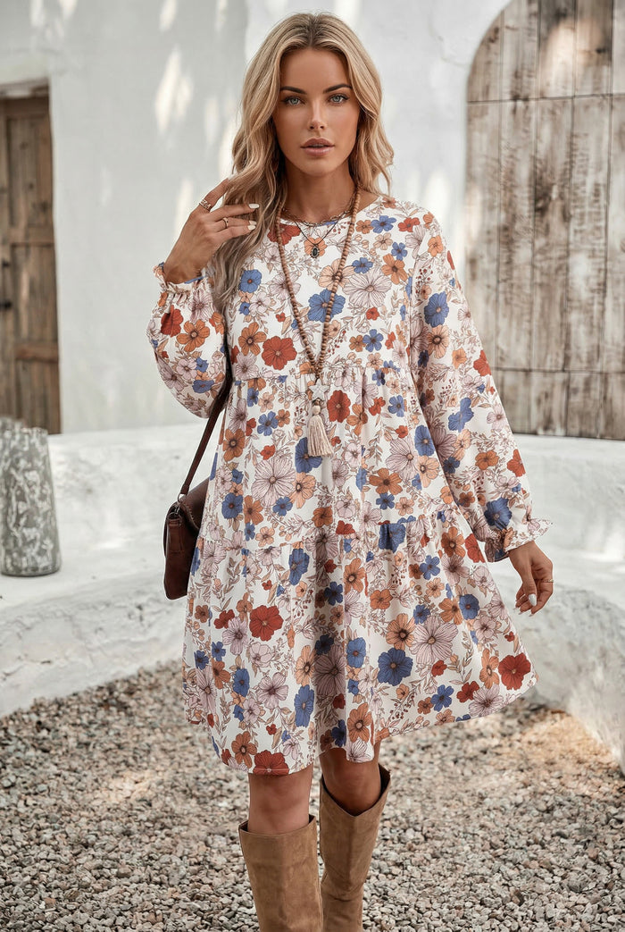 Robe kaki à volants et manches longues à col rond et à fleurs