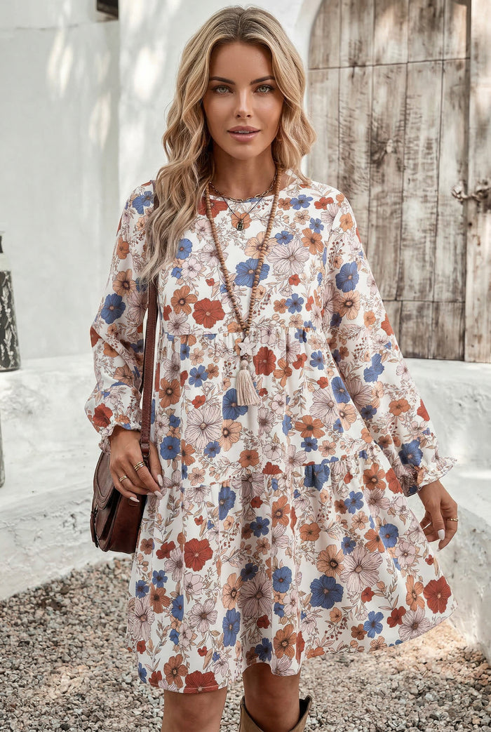 Robe kaki à volants et manches longues à col rond et à fleurs