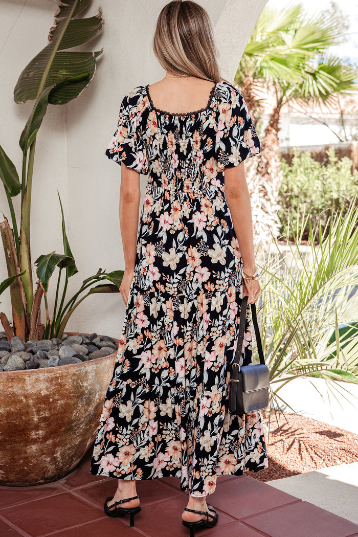 Robe longue bleue à manches courtes, taille haute