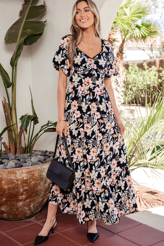 Robe longue bleue à manches courtes, taille haute