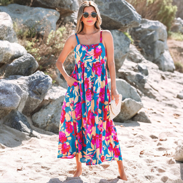 Robe longue évasée sans manches à taille haute à fleurs bleu foncé