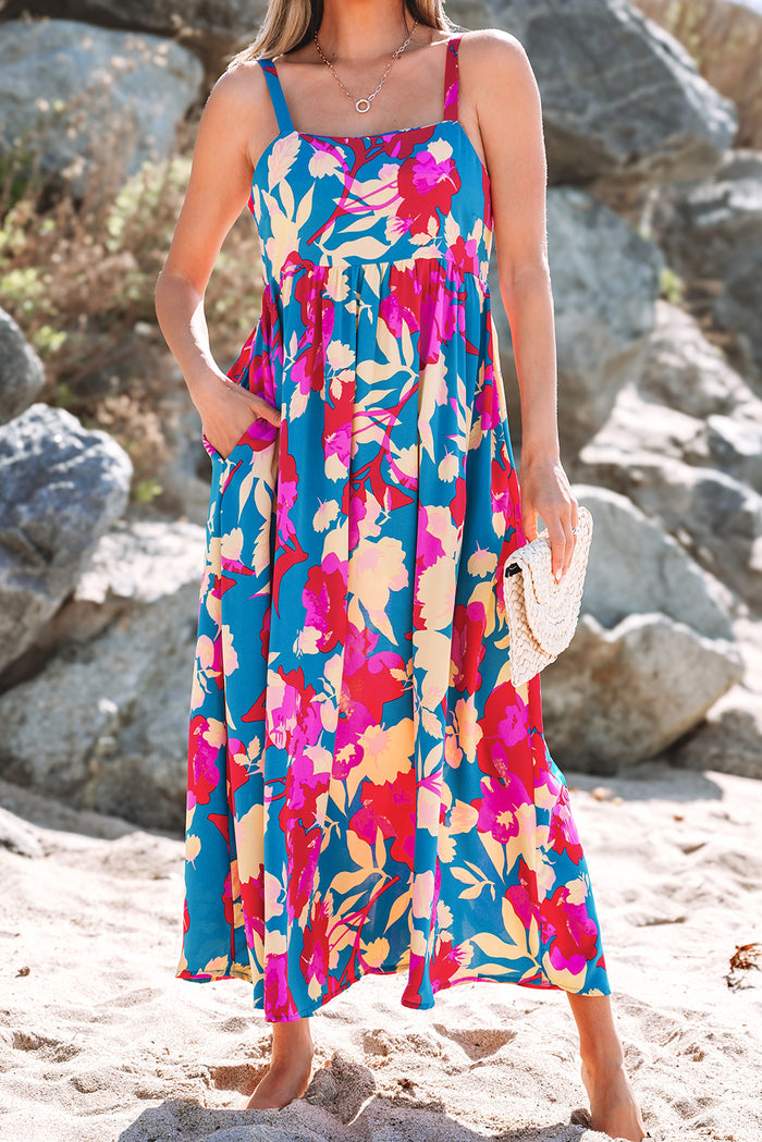 Robe longue évasée sans manches à taille haute à fleurs bleu foncé