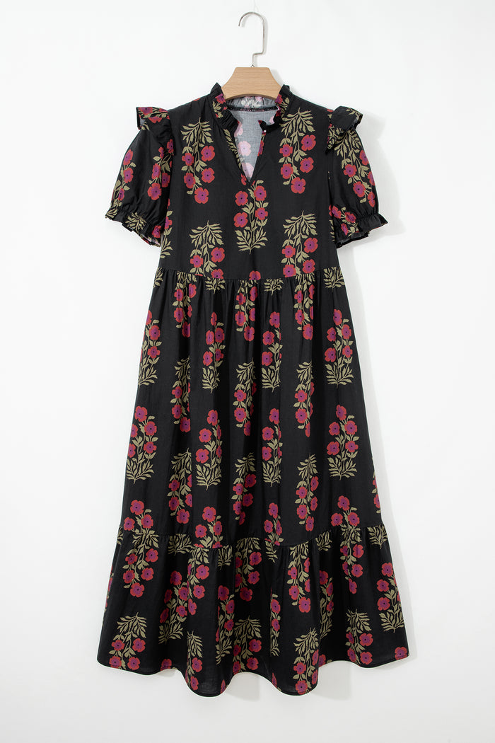 Robe longue noire à volants et manches courtes bouffantes à fleurs