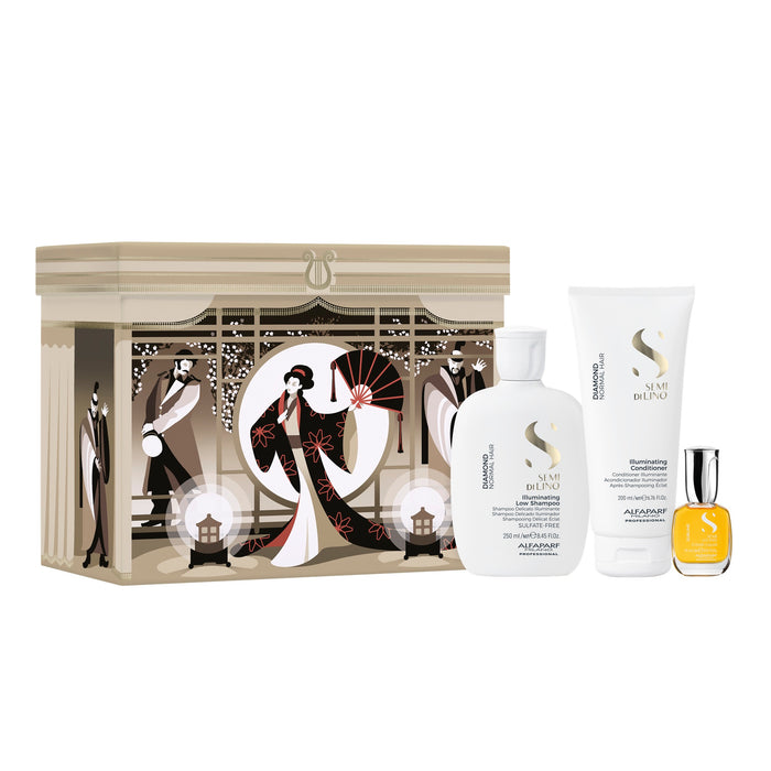 A luxury haircare gift set by Afnanay featuring a decorative illustrated box, a white shampoo bottle, a white conditioner tube, and a small yellow-and-silver perfume bottle, all arranged on a white background.