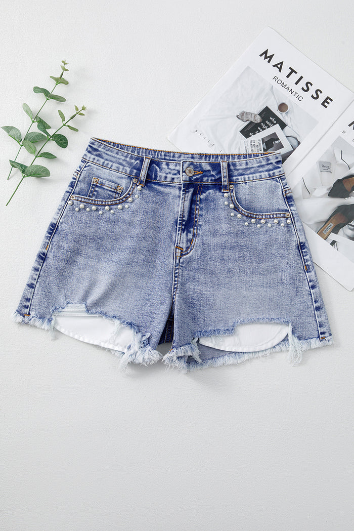 Short en jean Bleu  à poches perlées et ourlet brut