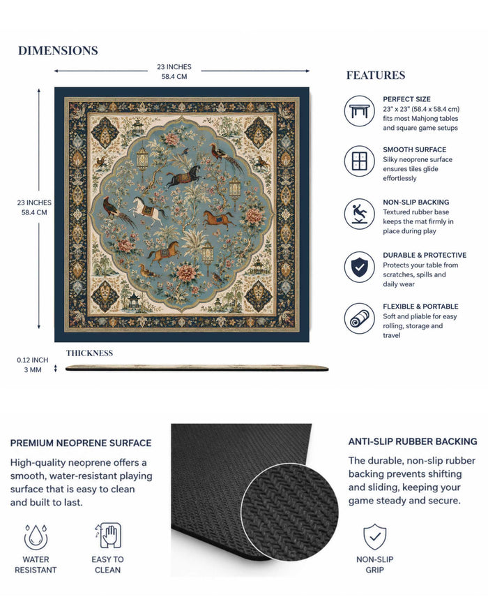 23x23 in mahjong table mat with ornate blue floral artwork and non-slip backing