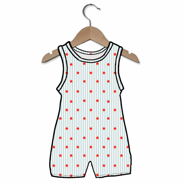 Baby romper with red star pattern on a hanger against a white background