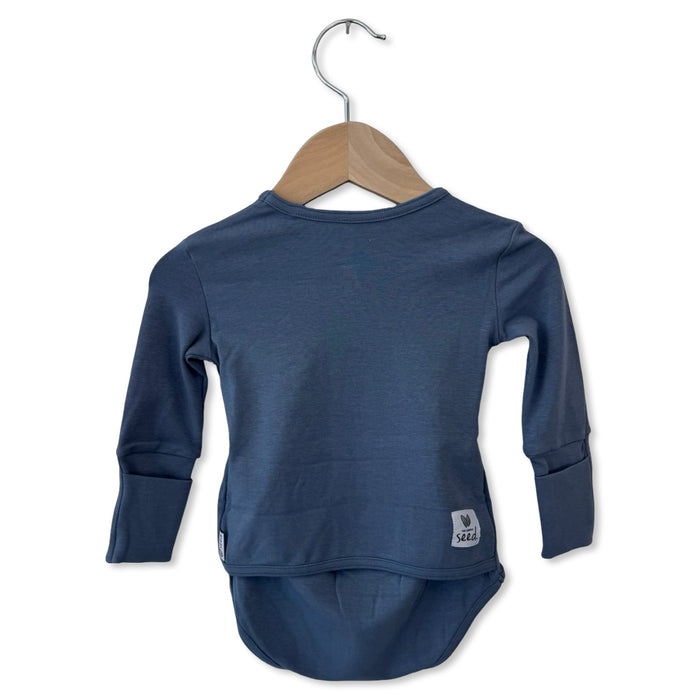 Blue baby onesie on a hanger with a white background