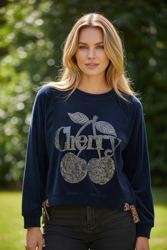 🍒 Sweat Cherry Détail Léopard Bleu marine
