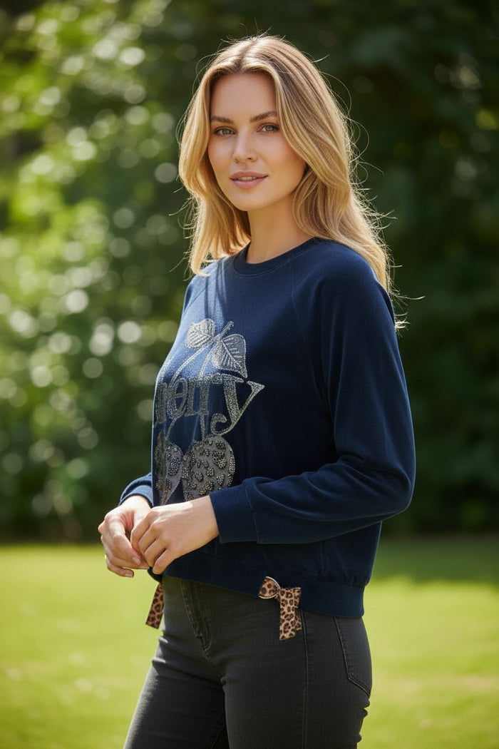 🍒 Sweat Cherry Détail Léopard Bleu marine