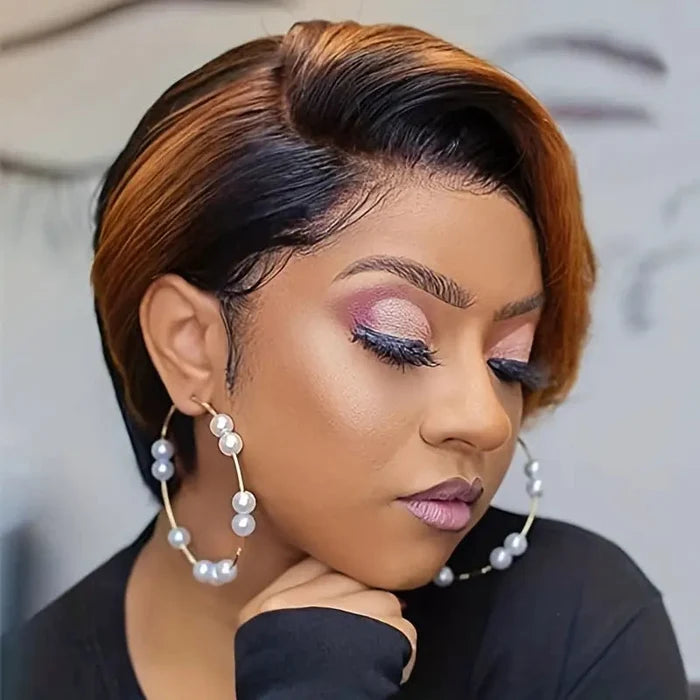 Luxury Ombre Short Bob Wig – Sleek Side-Part Synthetic Pixie Bob, Dark Root to Honey Brown Clessenza Beauty Store
