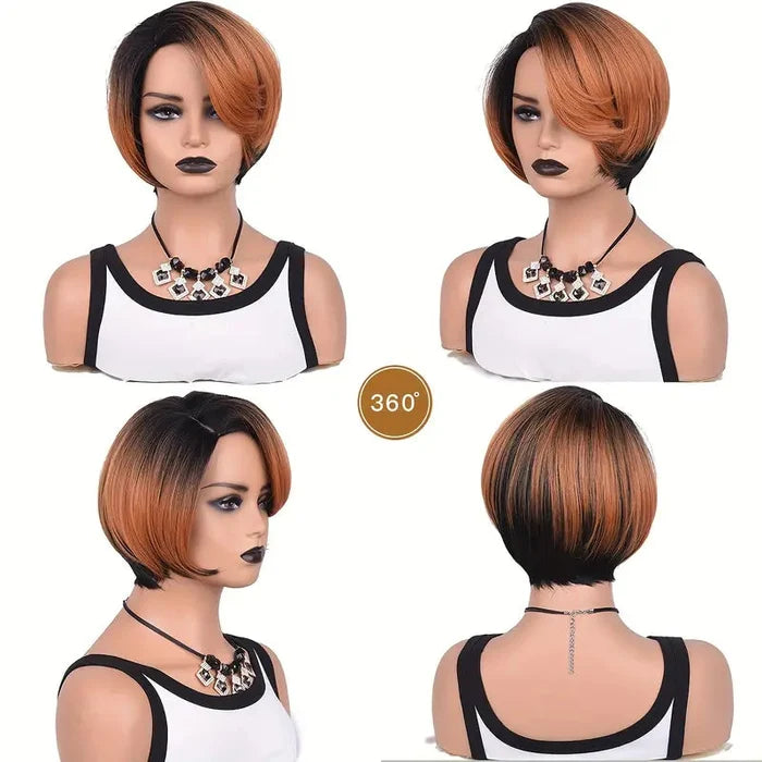 Luxury Ombre Short Bob Wig – Sleek Side-Part Synthetic Pixie Bob, Dark Root to Honey Brown Clessenza Beauty Store